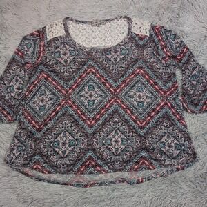 Absolutely Famous Shirt Womens 2X Multicolor Lace Top Stretch Aztec Comfort
